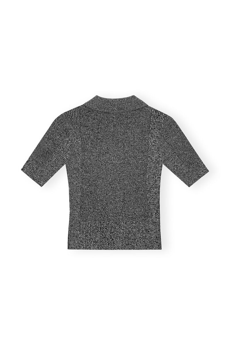 Grey Melange Rib Poloshirt, Elastane, in colour Black - 2 - GANNI