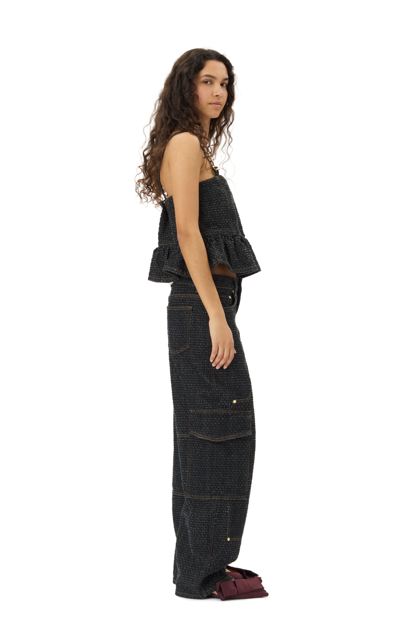 Black Textured Top, Cotton, in colour Black - 3 - GANNI