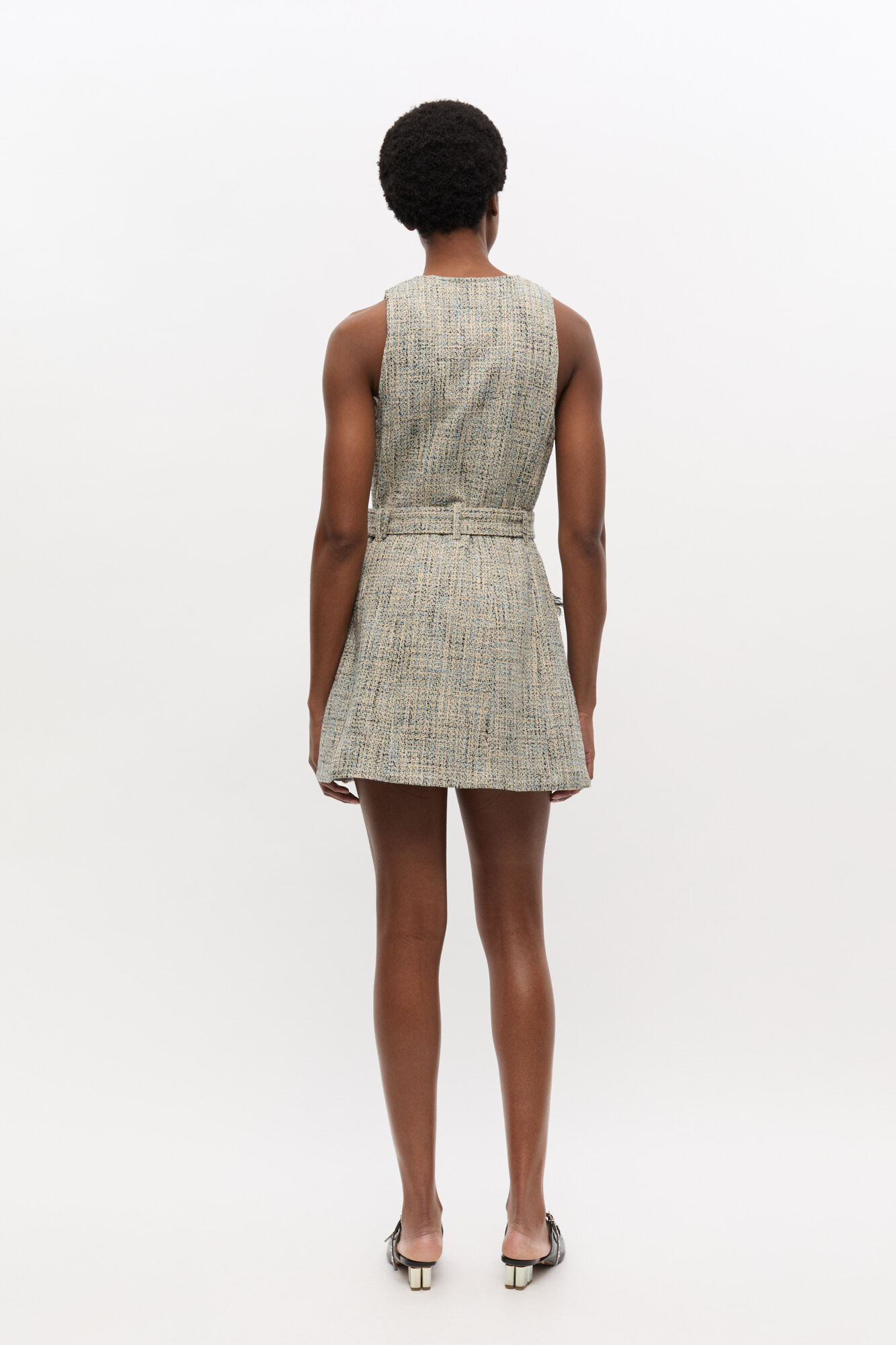 Tweed Sleeveless Belted Dress, Cotton, in colour Alaskan Blue - 2 - GANNI