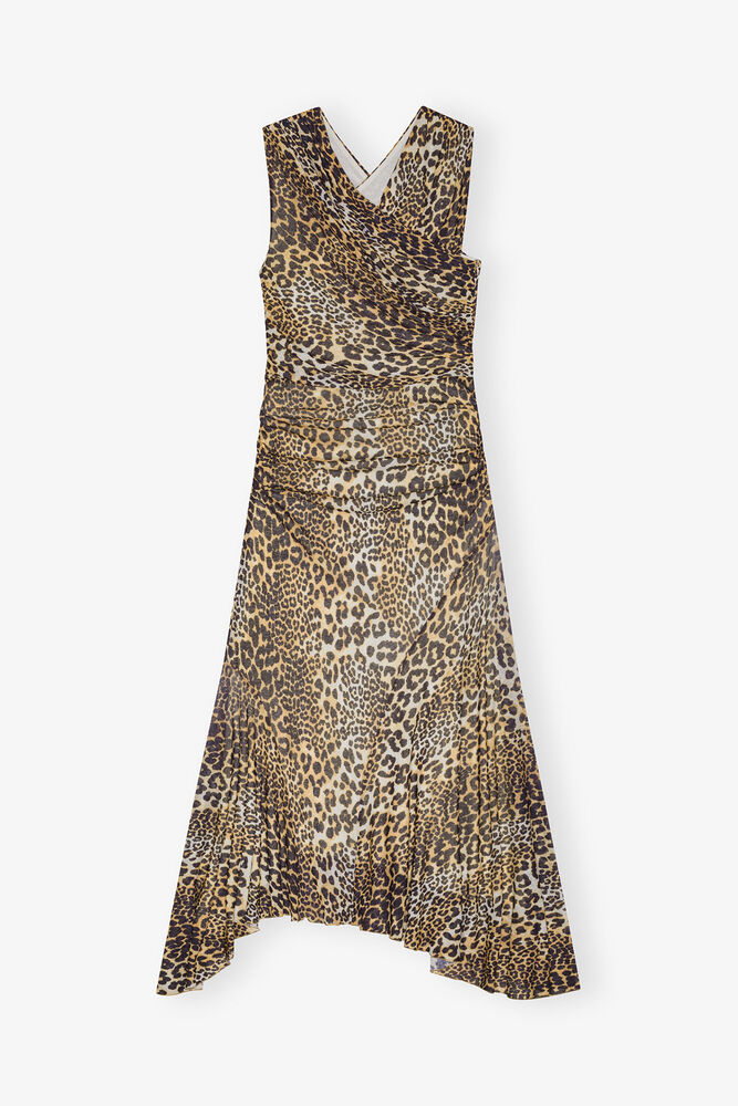 Leopard Marl Mesh Long Ruched Crossover Dress, Leopard