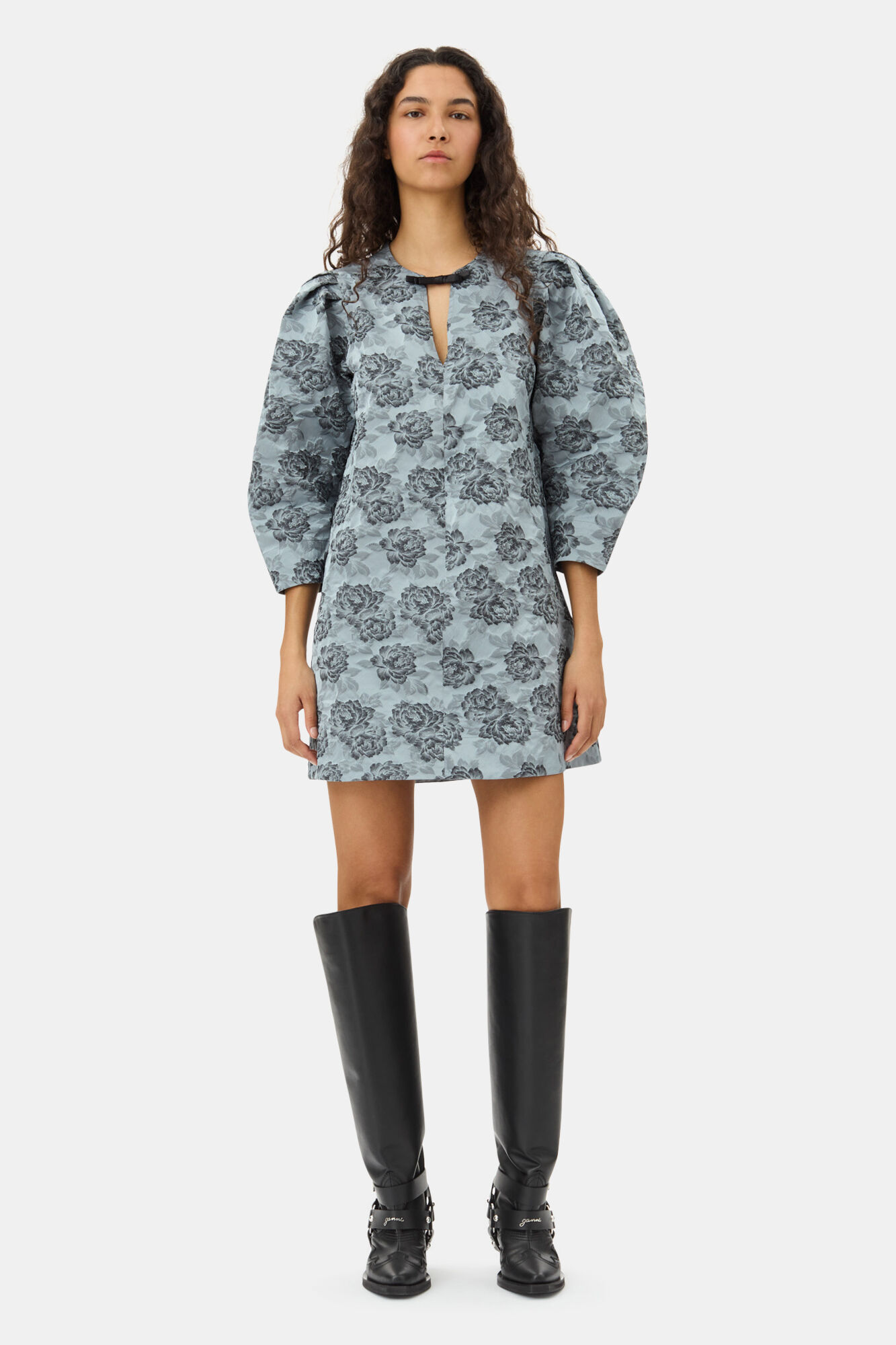 Blue Floral Jacquard A-Line Mini Dress, Polyamide, in colour Illusion Blue - 1 - GANNI