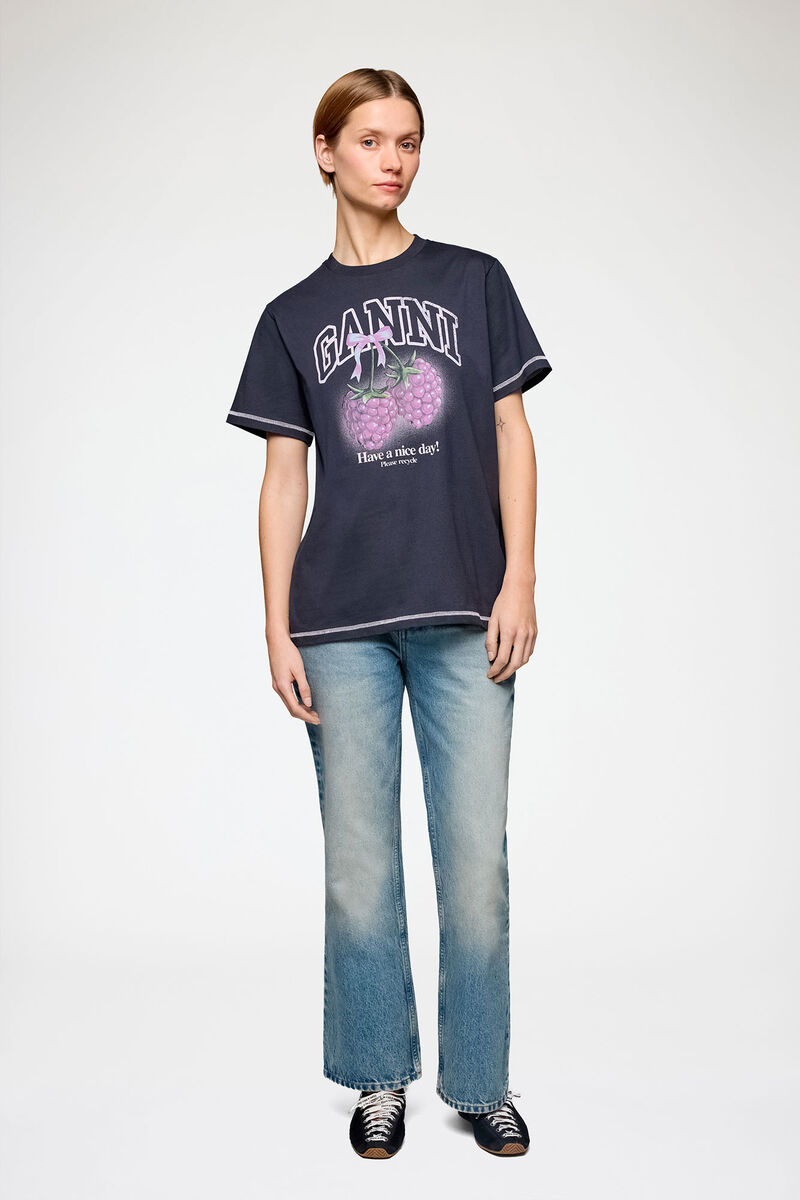 T-shirt with Raspberries, Organic Cotton, in colour Phantom - 1 - GANNI