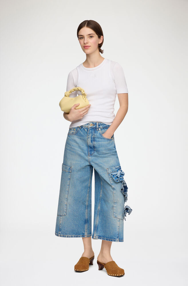 Baggy Cropped Jeans in Flower Print Denim, Mid Blue Stone