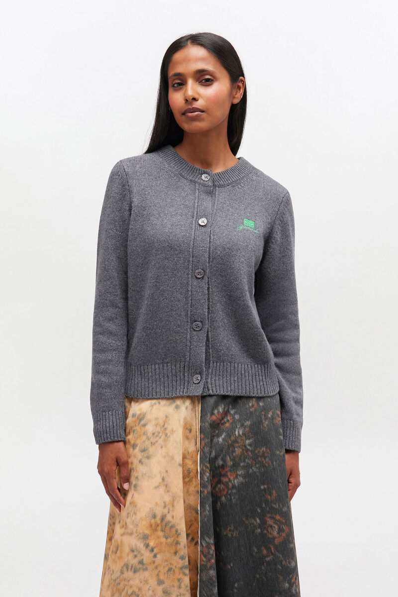 Grey Wool Mix Cardigan, Viscose, in colour Charcoal Grey - 2 - GANNI