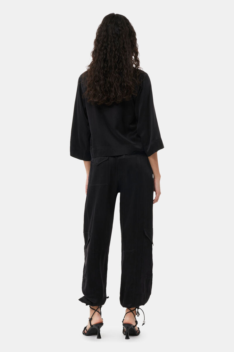 Black Washed Satin Pocket Trousers, Cupro, in colour Black - 2 - GANNI