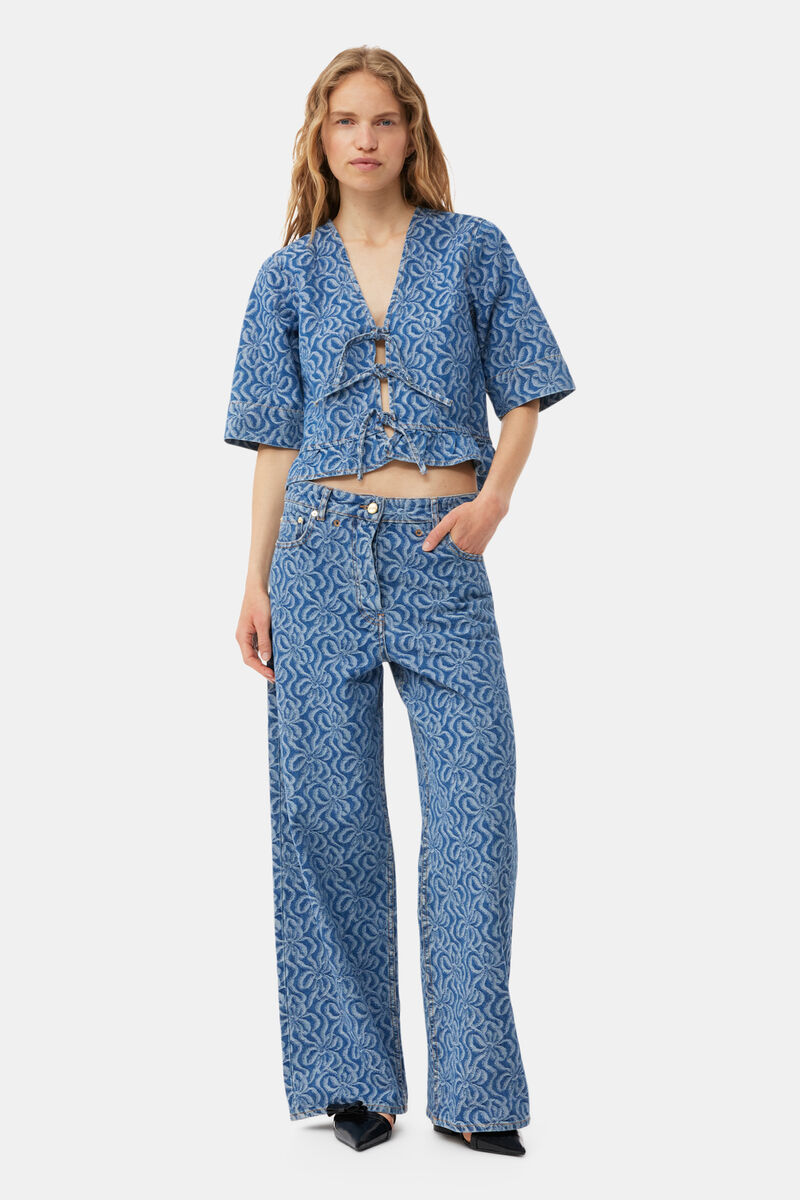 Mid Blue Stone Blue Jacquard Denim Wide Trousers | GANNI US