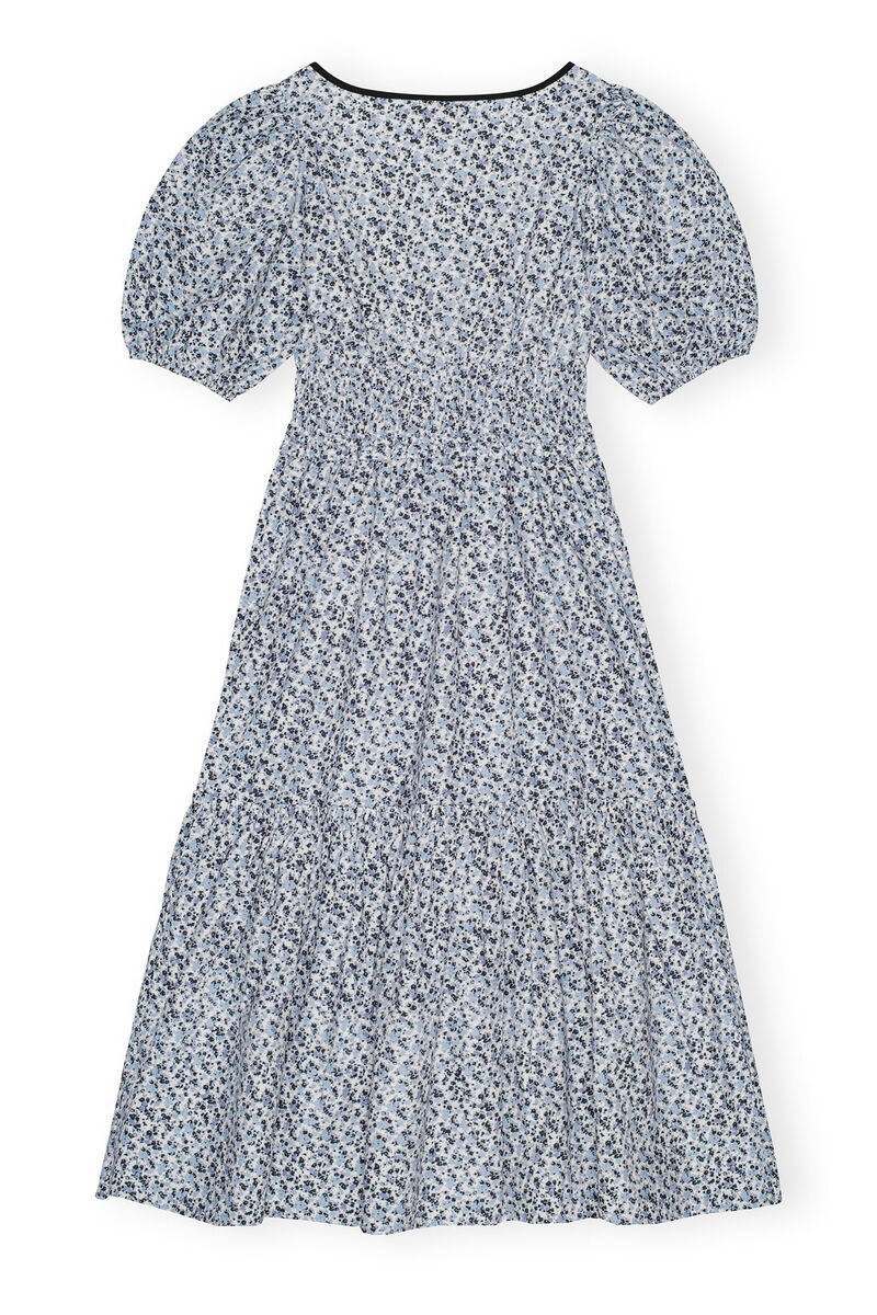 Blue Floral Printed Cotton Long Smock klänning, Cotton, in colour Glacier Lake - 2 - GANNI