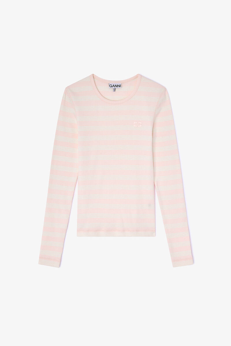 Randig ribbad långärmad tröja, in colour Chalk Pink - 1 - GANNI