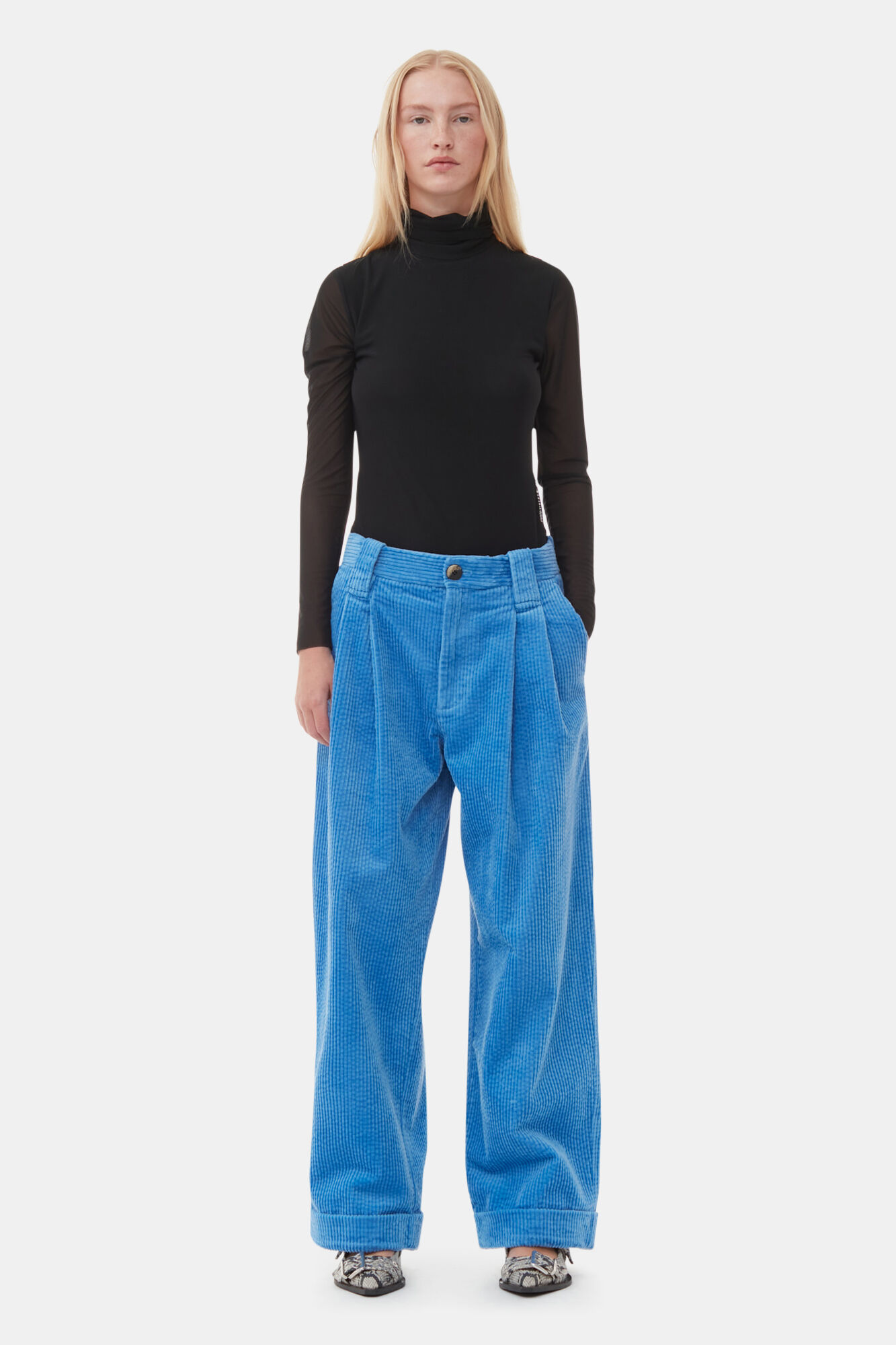 Blue Corduroy Loose Pleat Trousers, Elastane, in colour Silver Lake Blue - 1 - GANNI