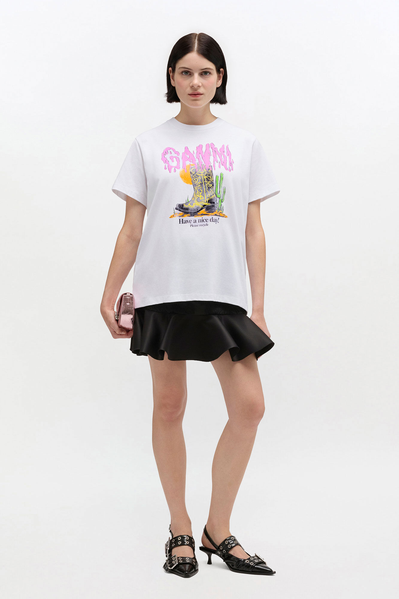【新品】GANNI Printed Cotton V-neck Shirt White Western Boot Print T-shirt | GANNI NL