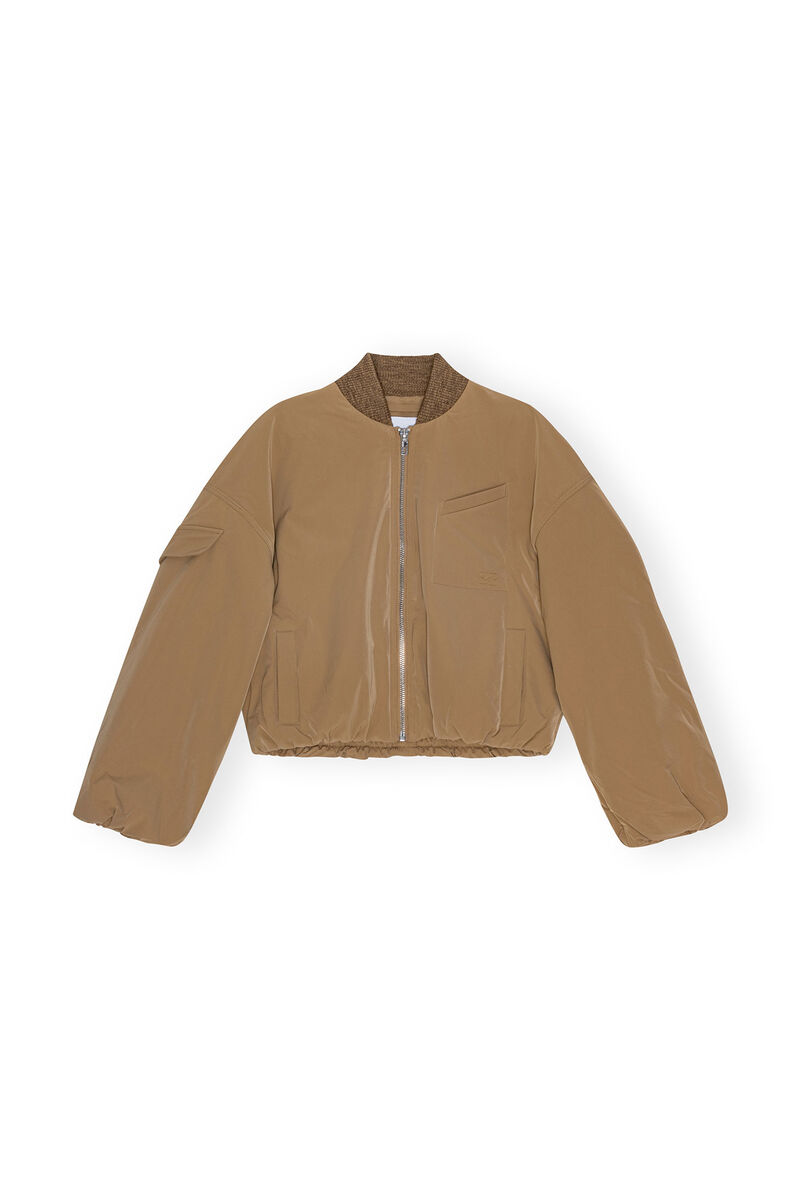Brown Light Twill Oversized Short Bomber Jacket, Recycled Polyester, in colour Tiger's Eye - 1 - GANNI