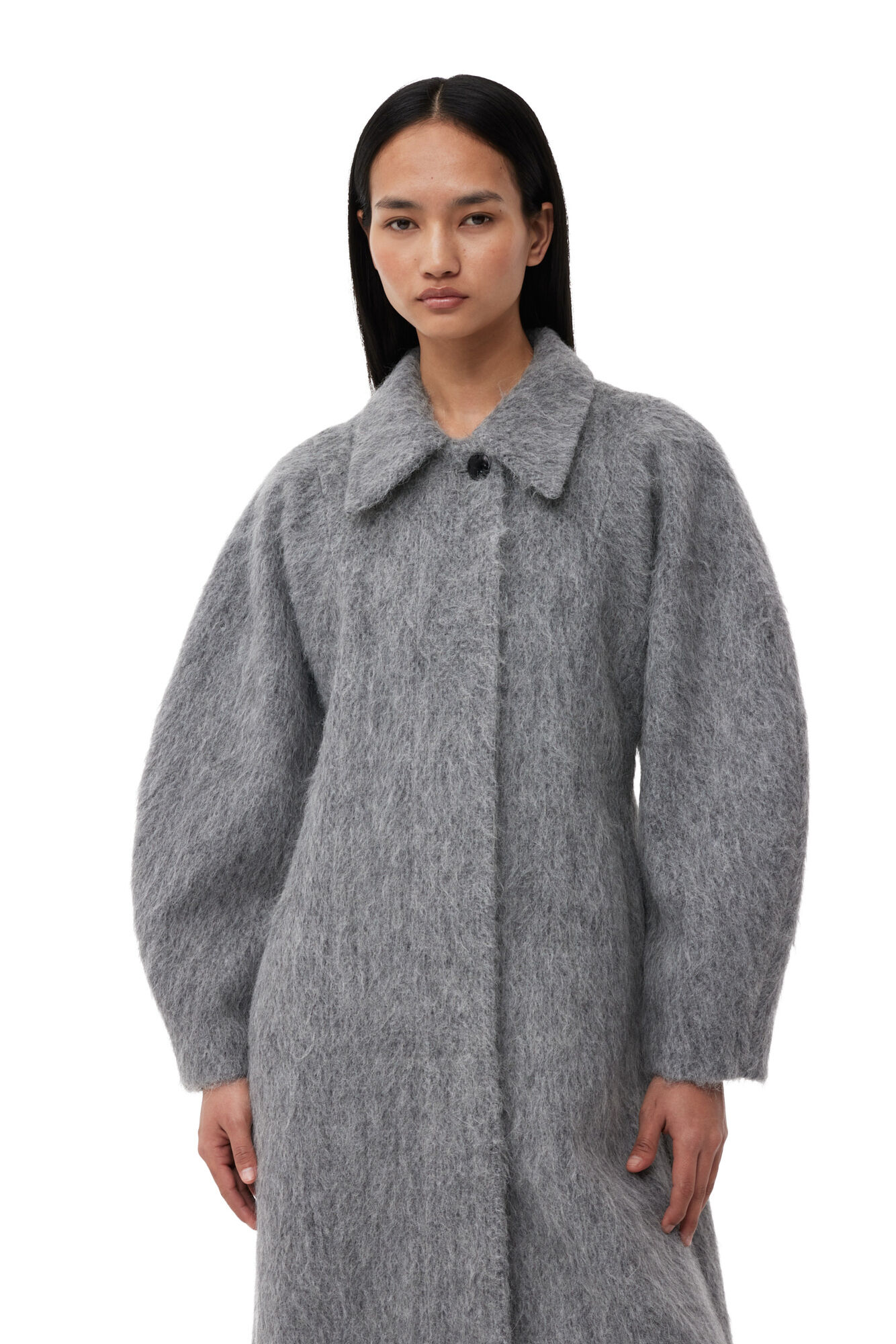 Grey Fluffy Wool Curved Sleeves Coat, Alpaca, in colour Frost Gray - 4 - GANNI