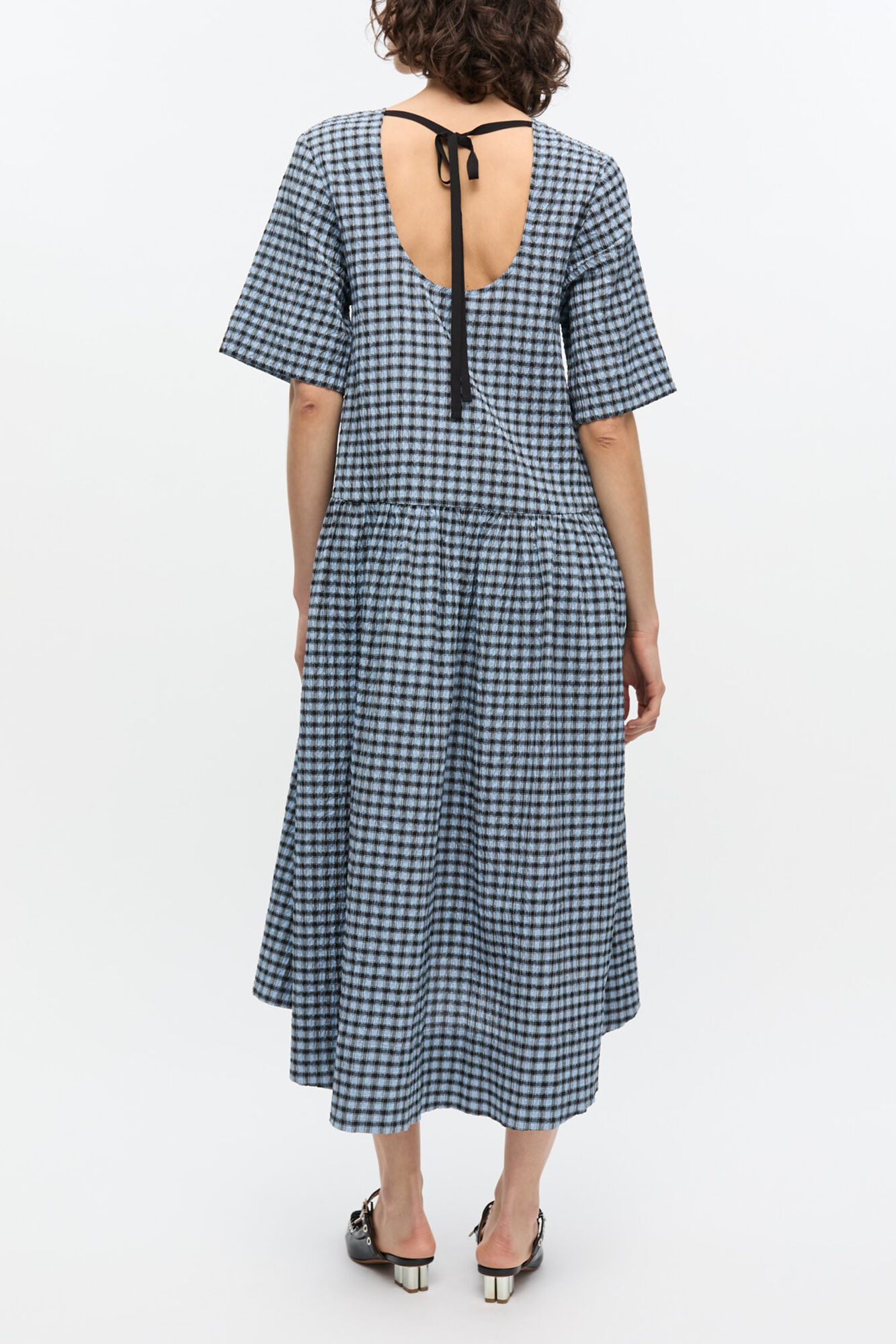 Blue Seersucker Check Midi Dress | GANNI US