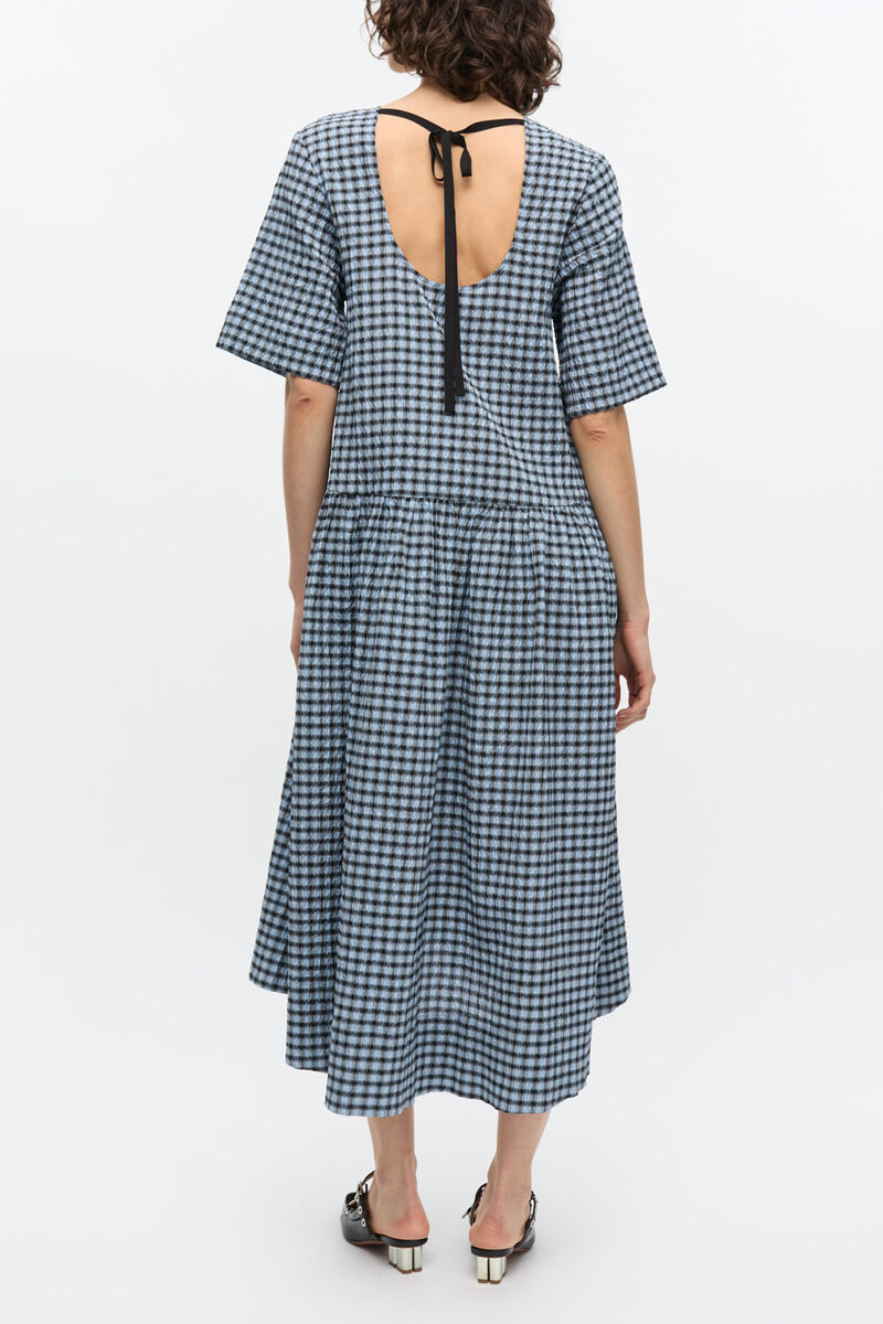Blue Seersucker Check Midi Dress, Organic Cotton, in colour Soft Chambray - 2 - GANNI