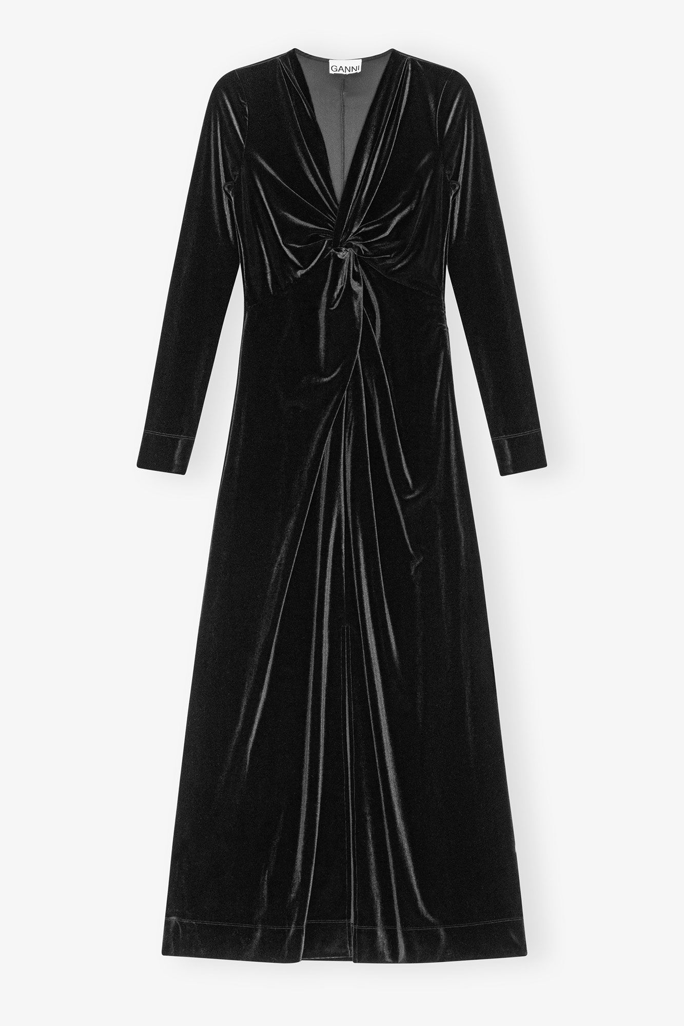 Black Velvet Jersey Twist Long Dress, Recycled Polyester, in colour Black - 1 - GANNI