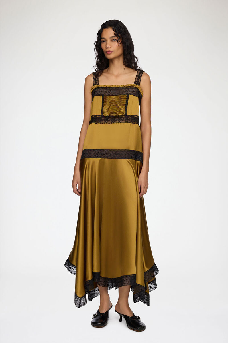 Dress in Green Silk Satin, Acetate, in colour Ecru Olive - 1 - GANNI