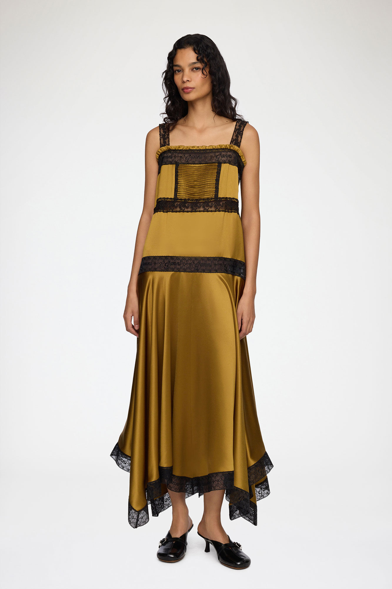 Dress in Green Silk Satin, Acetate, in colour Ecru Olive - 1 - GANNI