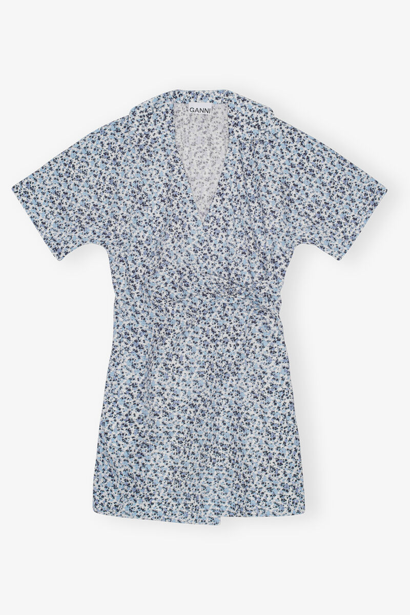 Blue Floral Printed Cotton Wrap Mini Dress, Cotton, in colour Glacier Lake - 1 - GANNI