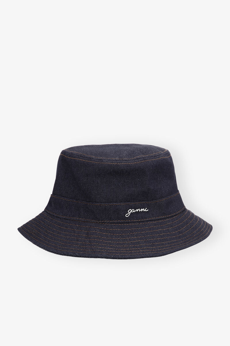 Denim Bucket Hat, Recycled Cotton, in colour Dark Navy - 1 - GANNI