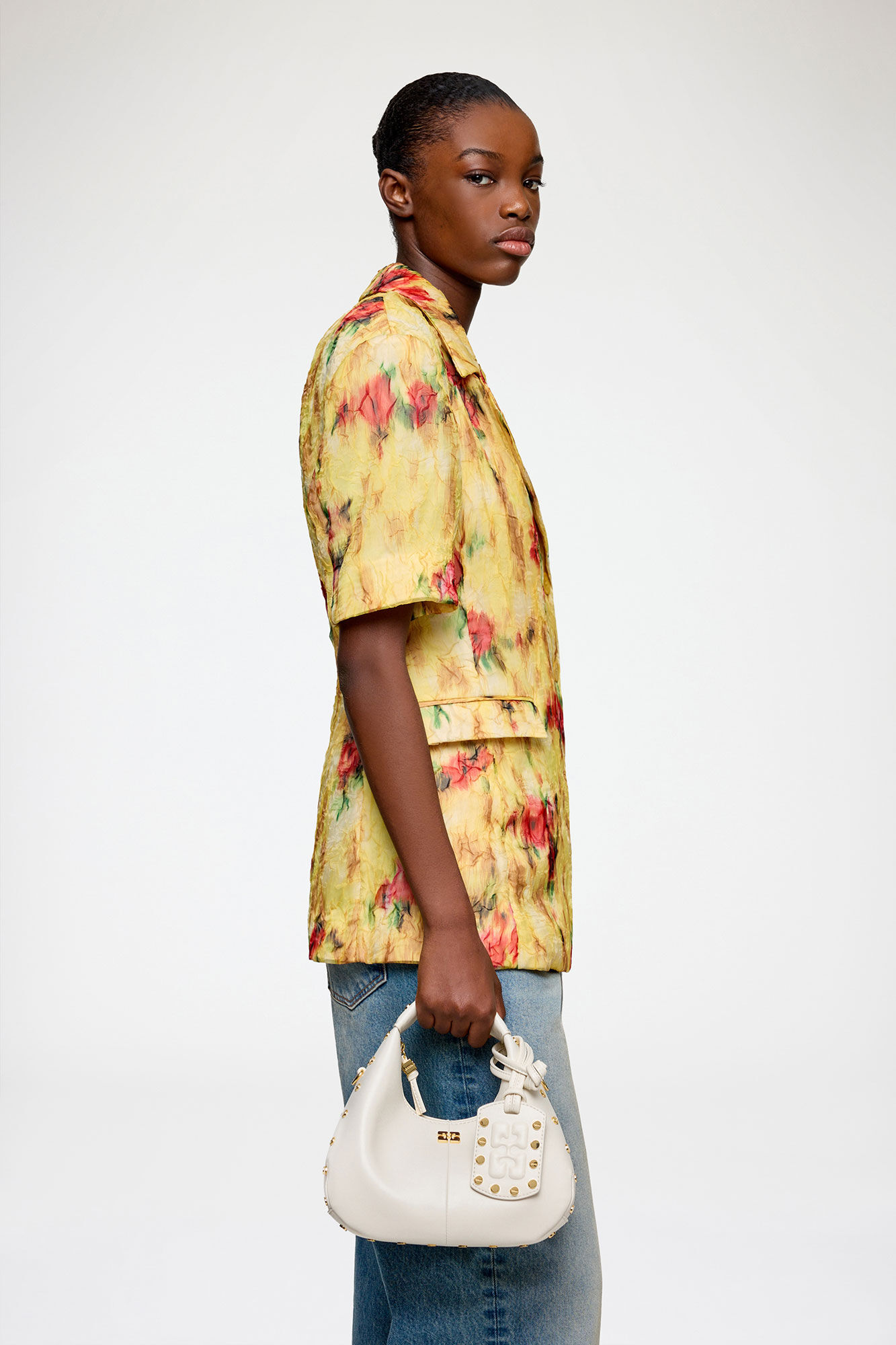 Mini Hobo Bag Studs in White, Recycled Leather, in colour Egret - 4 - GANNI