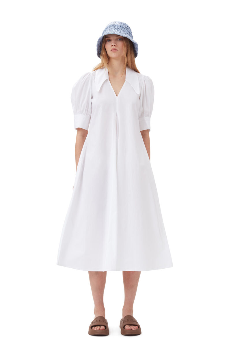Cotton Poplin V-Neck Midi Dress, Cotton, in colour Bright White - 1 - GANNI