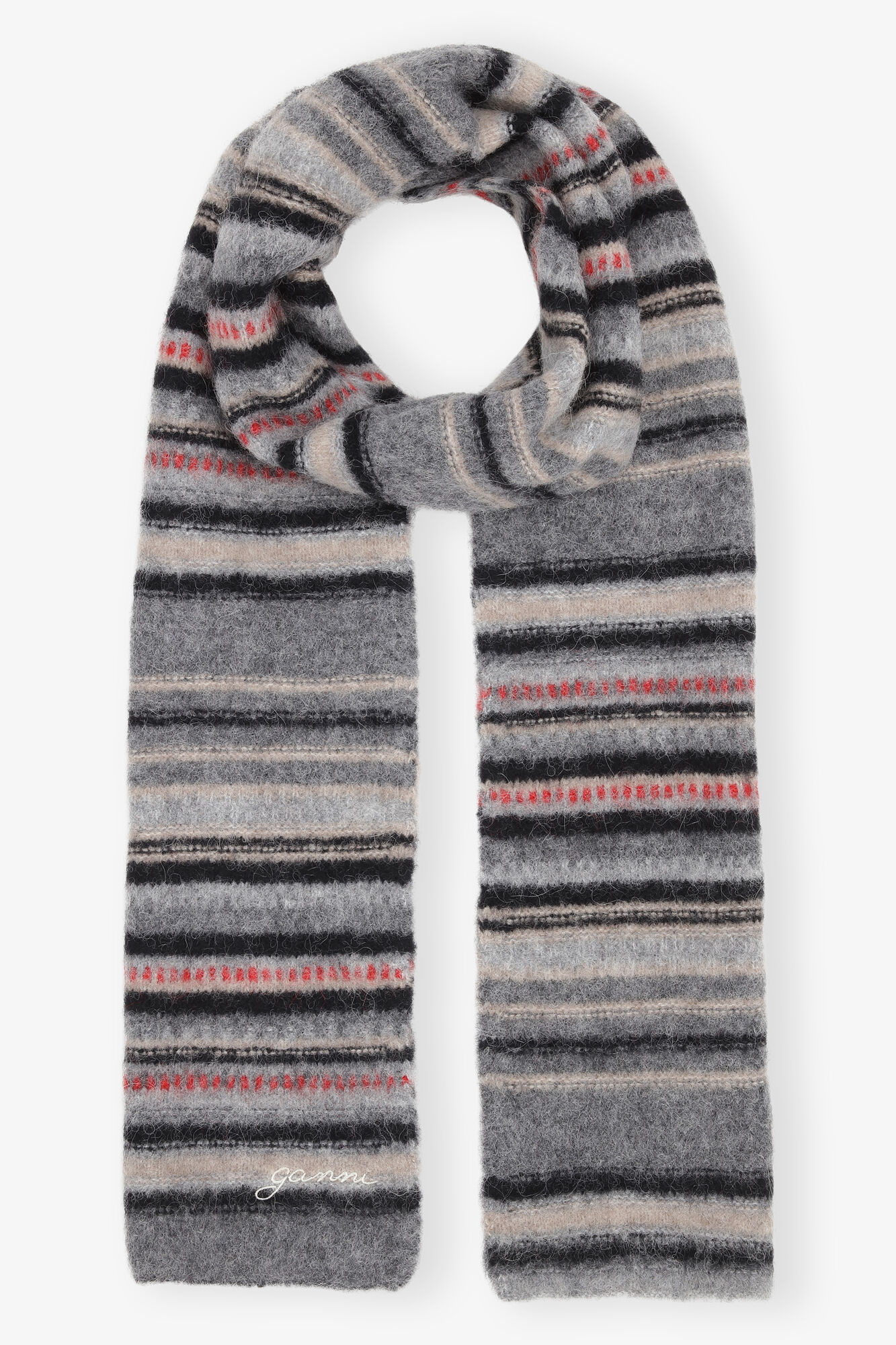 Grey Striped Soft Wool Scarf, Alpaca, in colour Phantom - 1 - GANNI