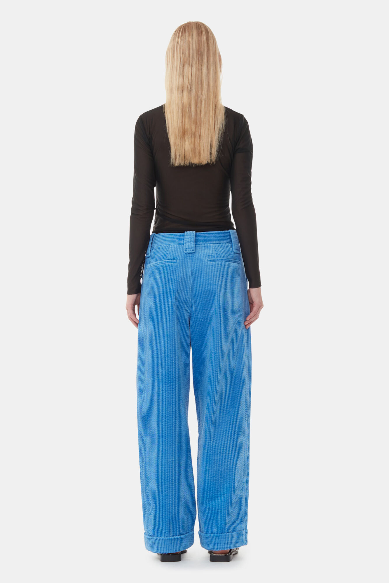 Blue Corduroy Loose Pleat Trousers, Elastane, in colour Silver Lake Blue - 3 - GANNI