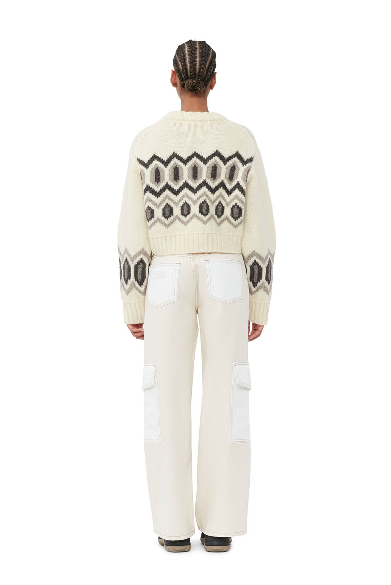 White Chunky Wool Cropped O-neck Sweater, Organic Wool, in colour Egret - 4 - GANNI