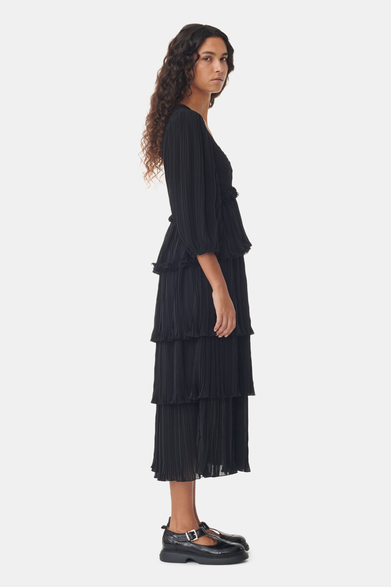 Black Pleated Georgette Flounce Smock Midi Dress, Recycled Polyester, in colour Black - 3 - GANNI