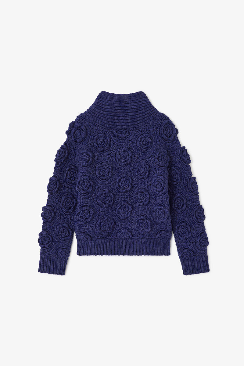 Dark Blue Flower Crochet Jumper, Wool, in colour Sky Captain - 1 - GANNI
