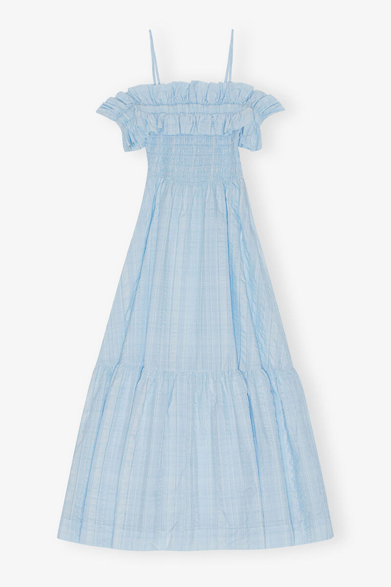 Seersucker Check Smock Maxi Dress, Elastane, in colour Ice Water - 1 - GANNI