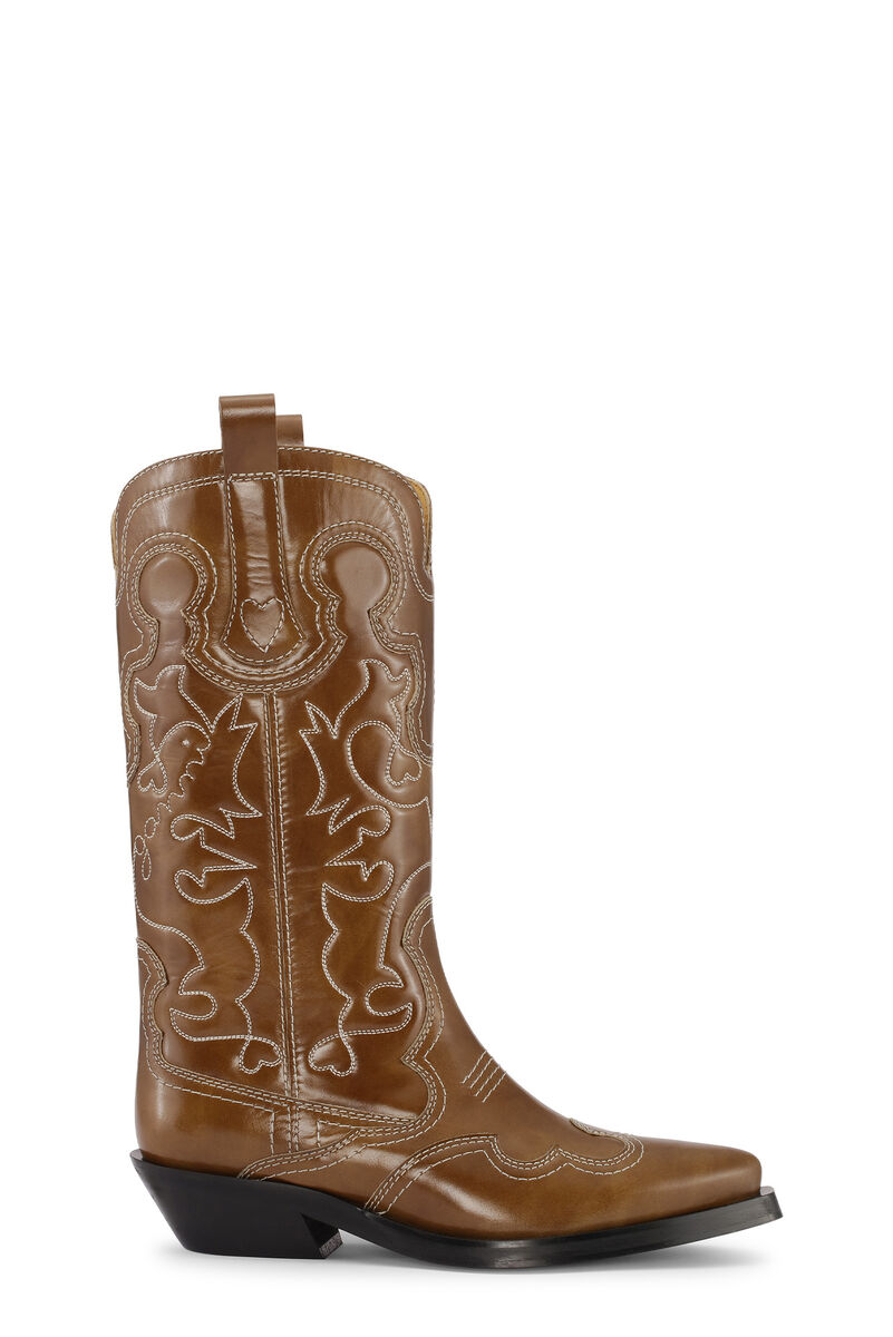 Embroidered Western Boot, Leather, in colour Tiger's Eye - 1 - GANNI