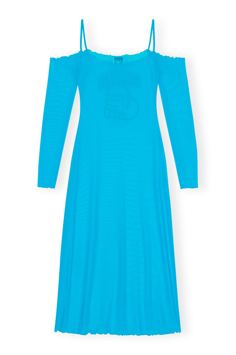 GANNI X ESTER MANAS Mesh Off Shoulder Dress, Recycled Nylon, in colour Bachelor Blue - 2 - GANNI