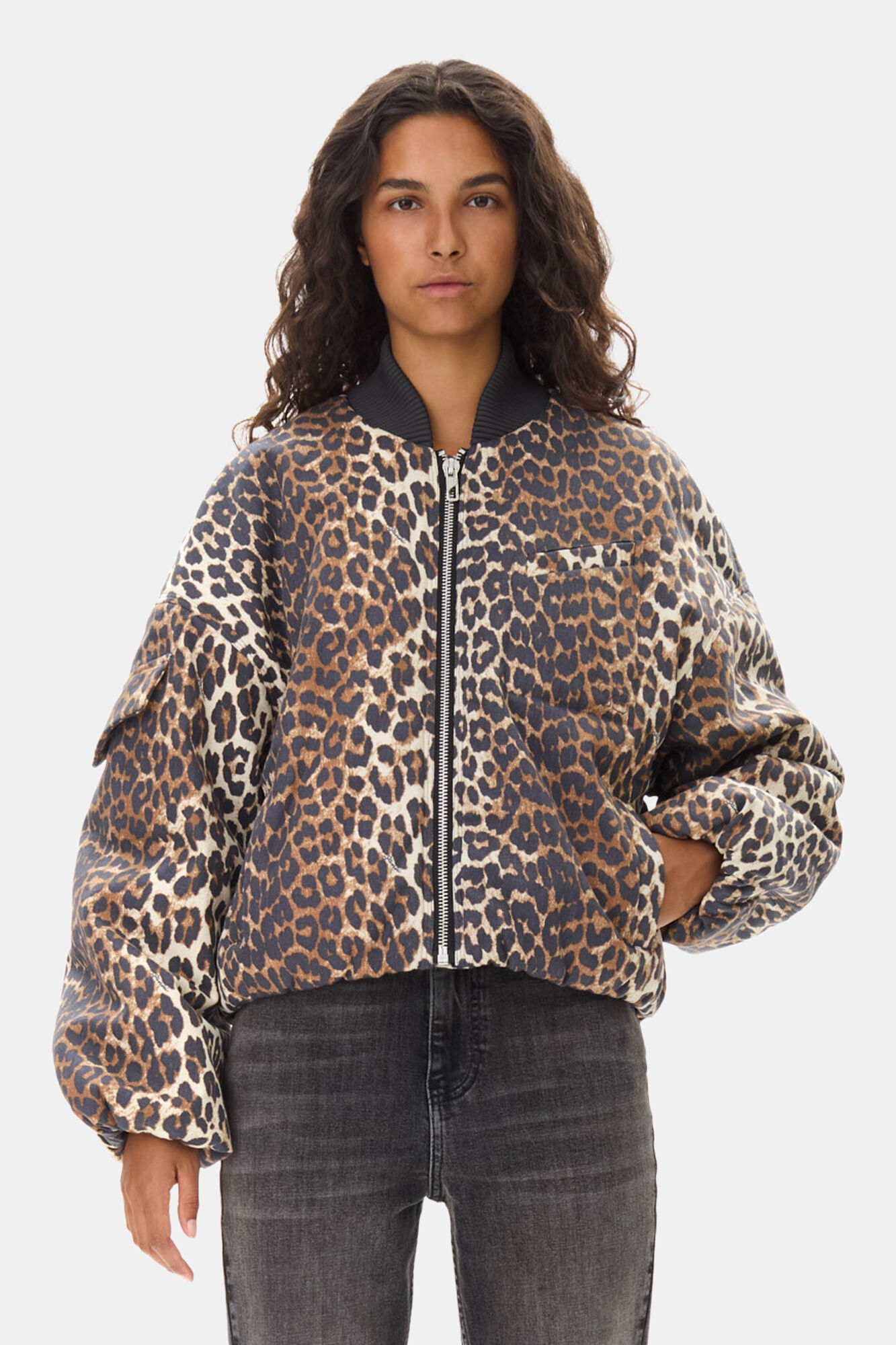 Printed Canvas Oversized Short Bomber Jacke, Hemp, in colour Almond Milk - 1 - GANNI