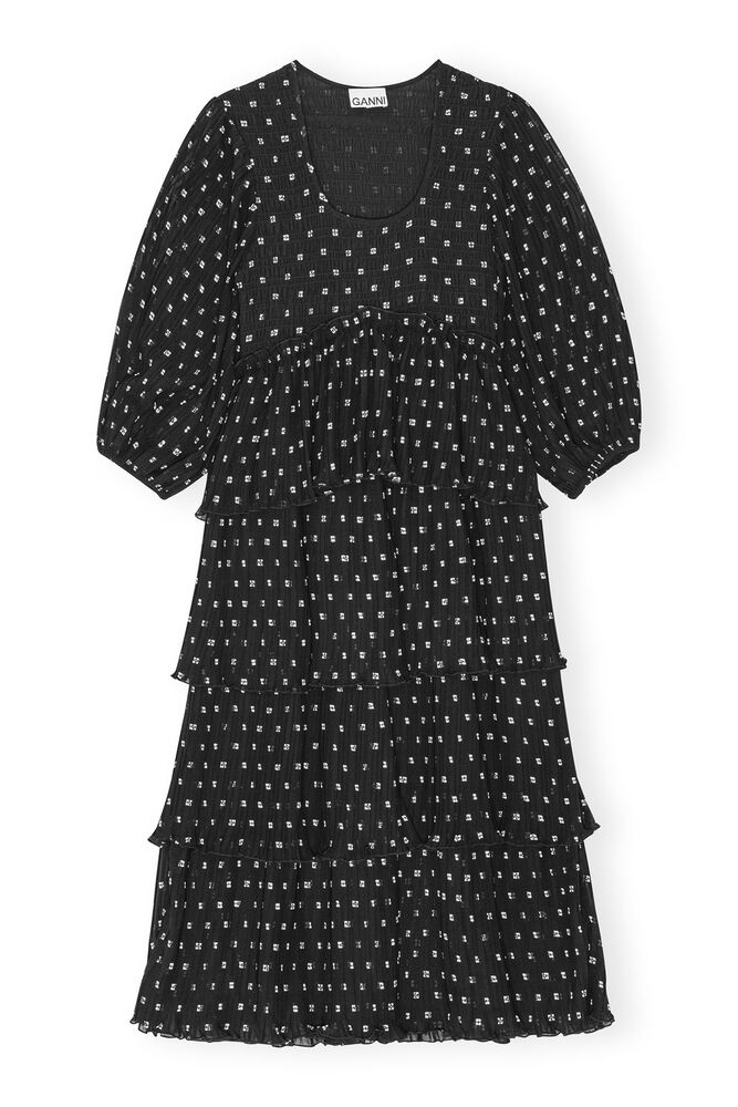 Black Pleated Georgette Flounce Smock Midi Dress, Black