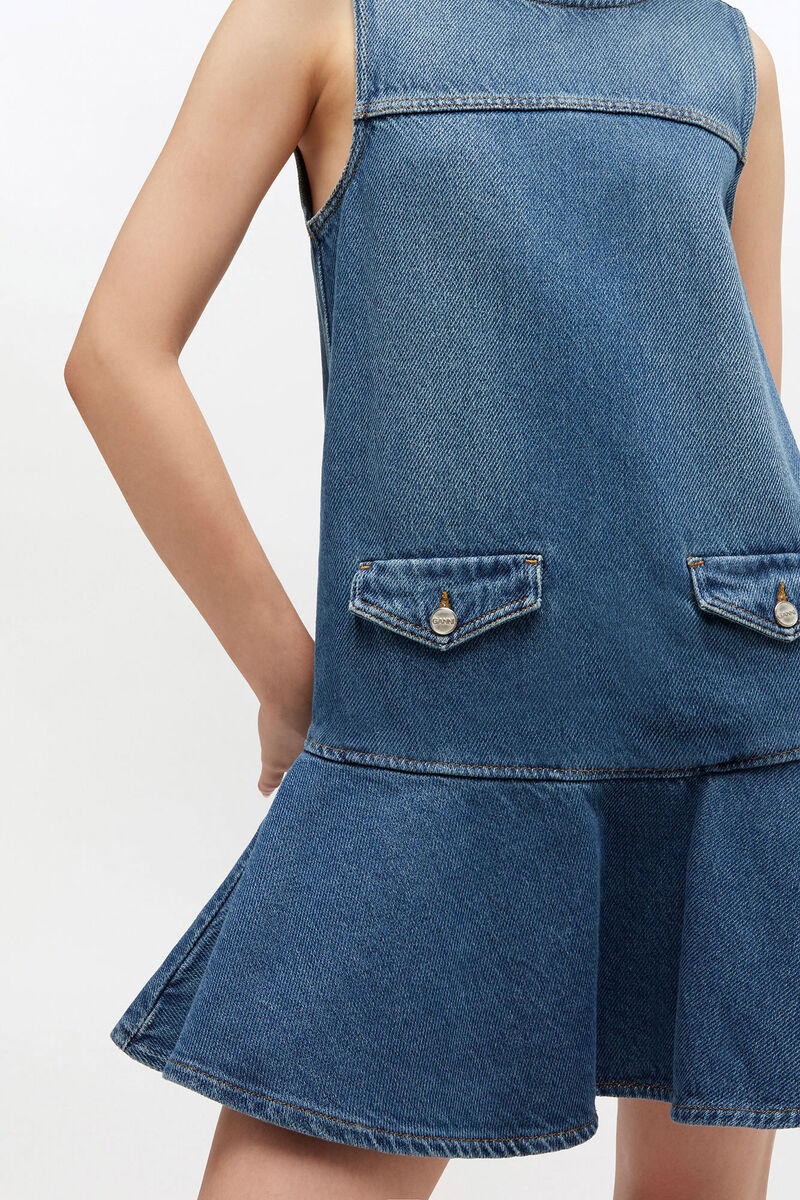 Light Denim Mini Dress, Organic Cotton, in colour Dark Blue Vintage - 1 - GANNI