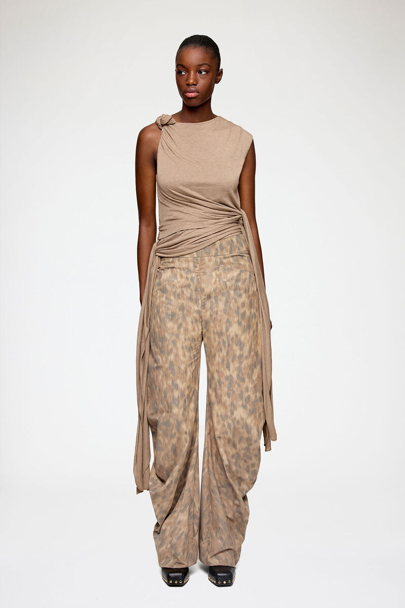 Trousers in Printed Cotton, Organic Cotton, in colour Burro - 1 - GANNI