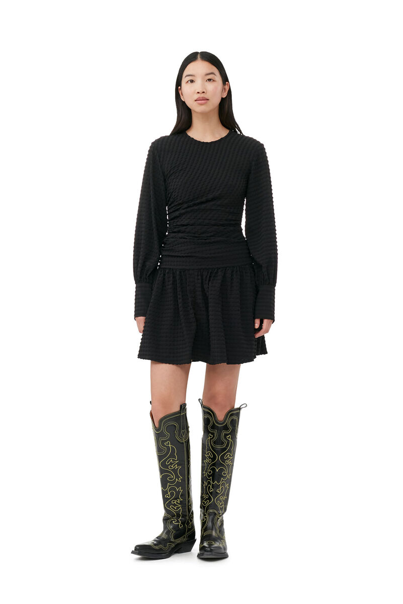 Black Seersucker Gathered Mini Dress, Elastane, in colour Black - 1 - GANNI