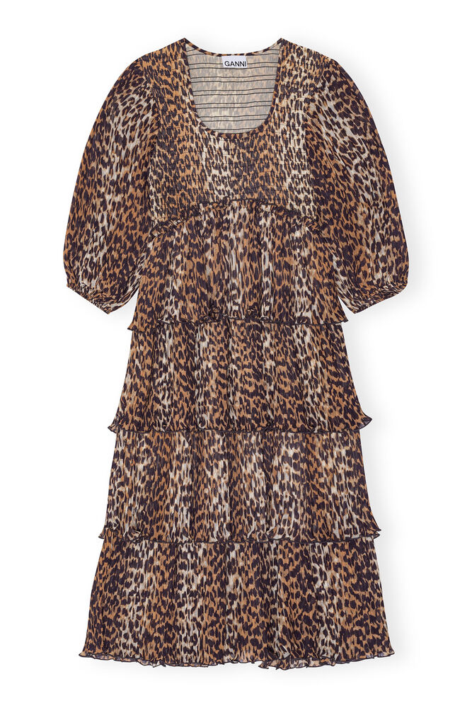 Leopard Pleated Georgette Flounce Smock Midi Dress, Almond Milk