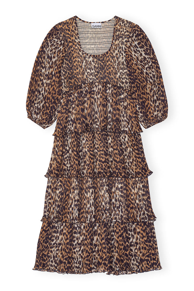 Leopard Pleated Georgette Flounce Smock Midi Dress, Recycled Polyester, in colour Almond Milk - 1 - GANNI