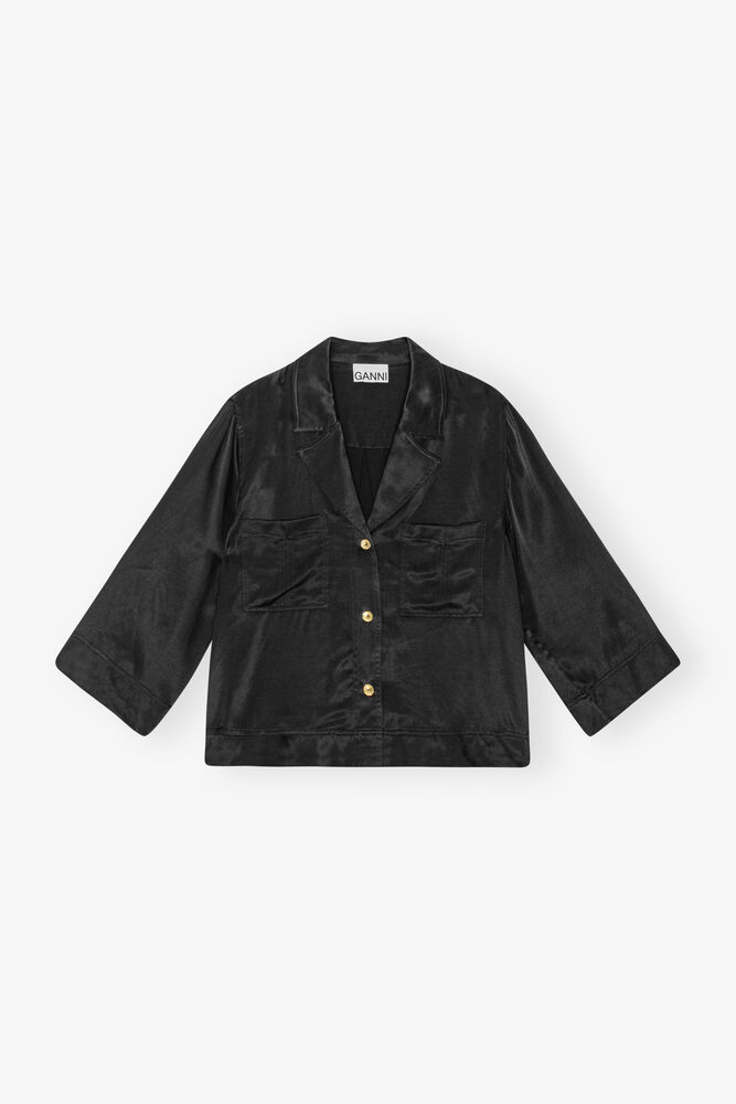 Black Washed Satin Crop Shirt, Black