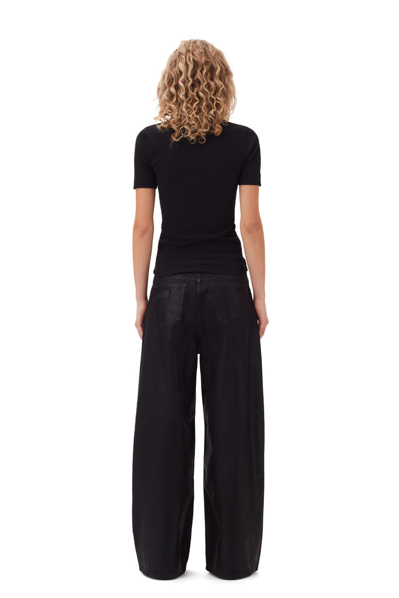 Black Soft Cotton Rib Short Sleeve T-Shirt, Elastane, in colour Black - 4 - GANNI