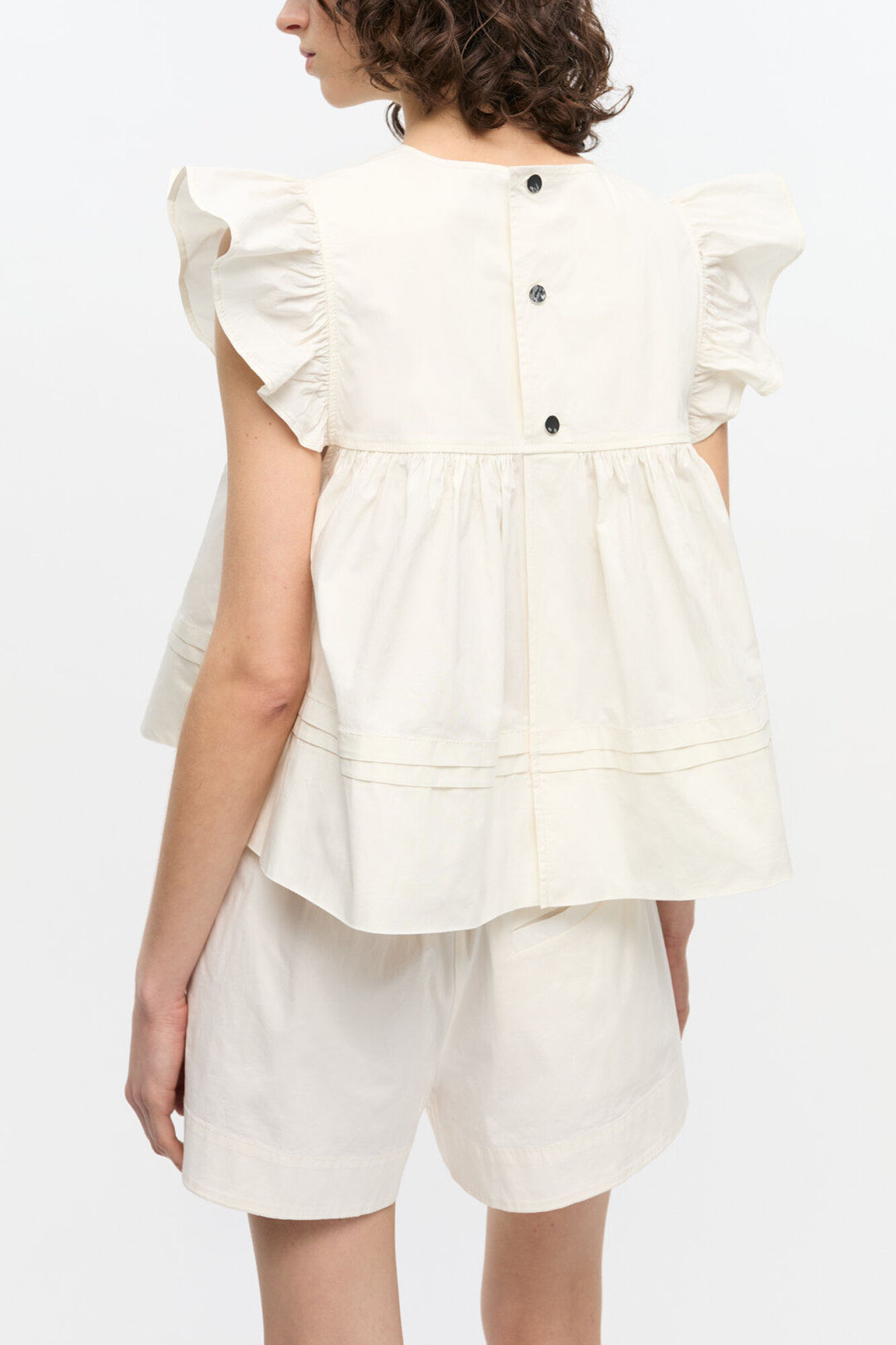 White Stretch Cotton Frill Sleeve Top, Organic Cotton, in colour Egret - 3 - GANNI