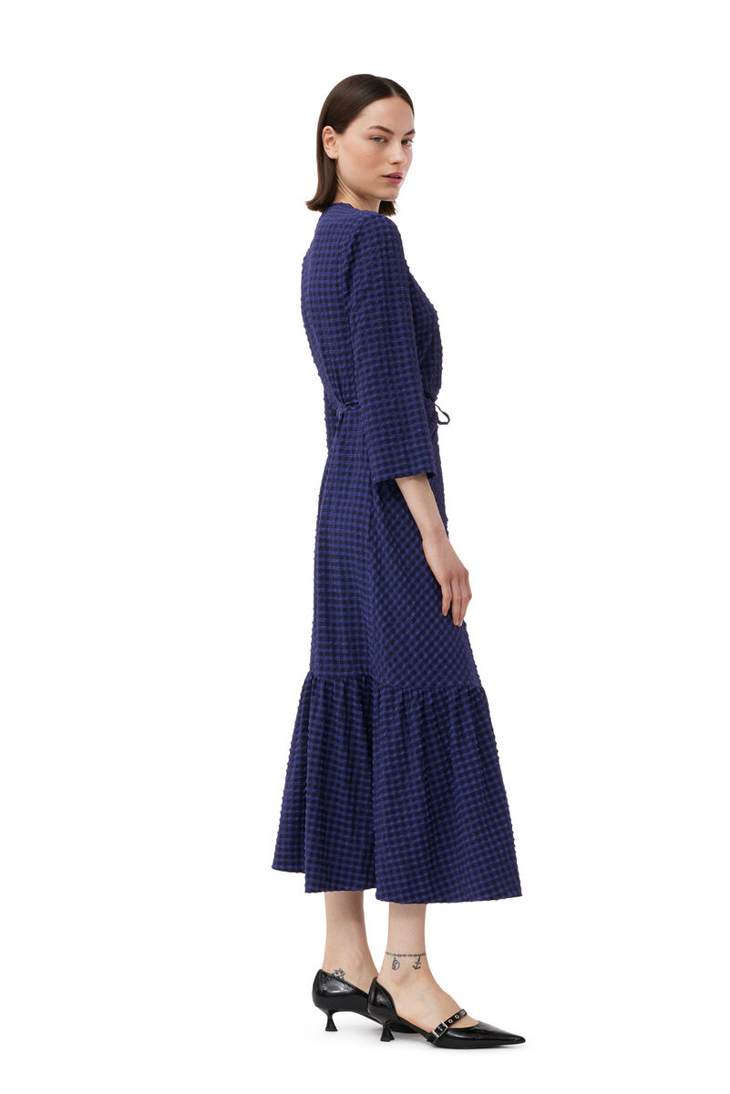 Blue Checkered Seersucker Gathered Midi Wrap Dress, Elastane, in colour Deep Cobalt - 3 - GANNI