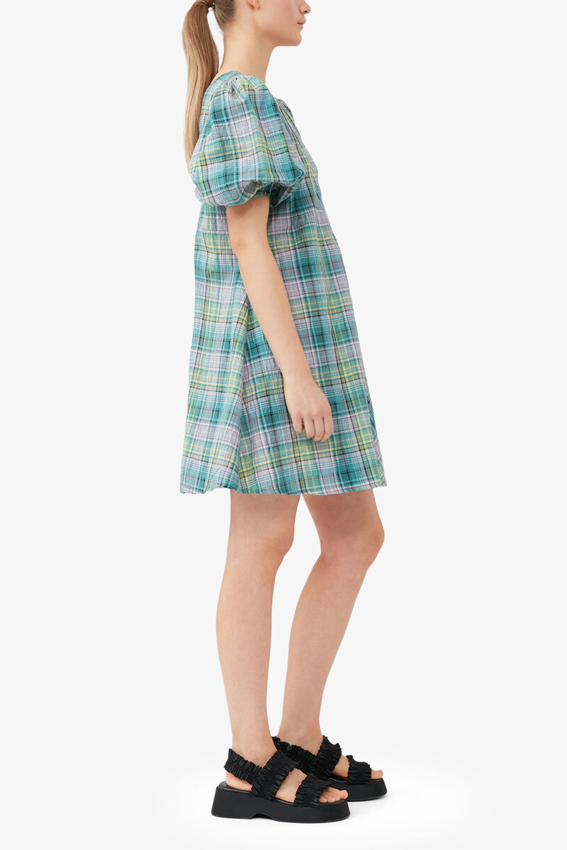 Seersucker Check V-Neck Mini Dress, Organic Cotton, in colour Lagoon - 3 - GANNI