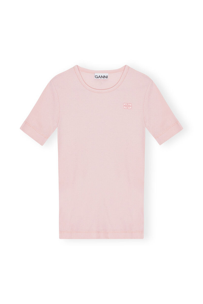 Pink Soft Cotton Rib Short Sleeve T-Shirt, Elastane, in colour Chalk Pink - 1 - GANNI