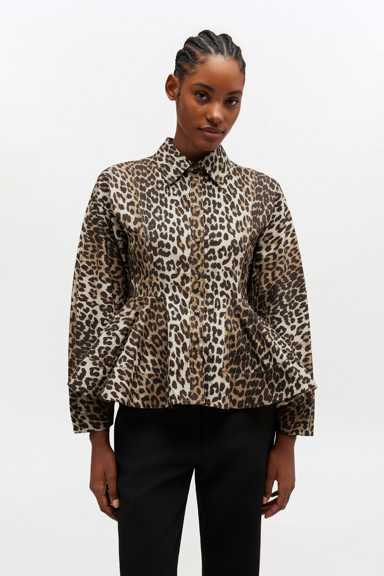 Leopard Peplum Shirt, in colour Almond Milk - 1 - GANNI