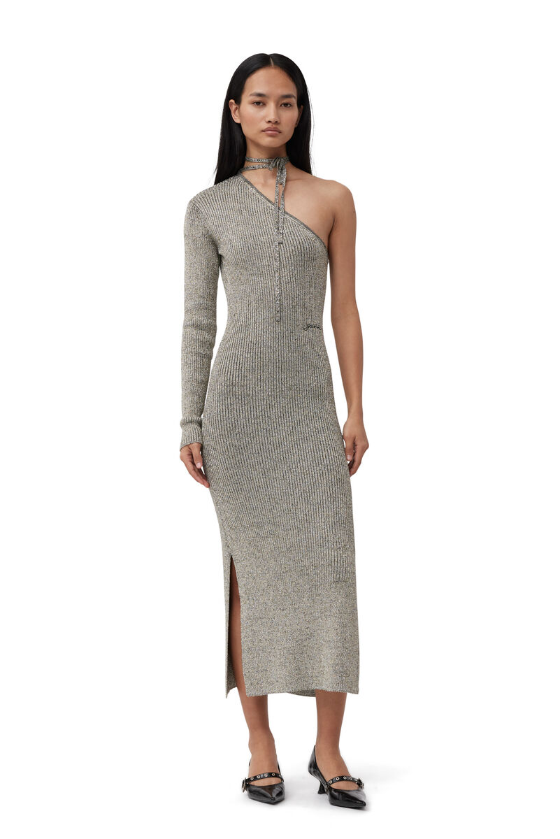 Sparkle One-sleeve-kjole, Metal, in colour Silver - 1 - GANNI