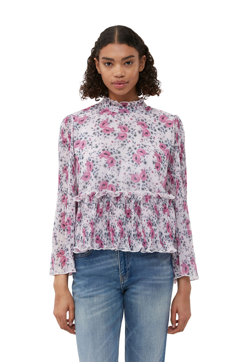 Pleated Georgette Blouse, Recycled Polyester, in colour Mauve Chalk - 1 - GANNI
