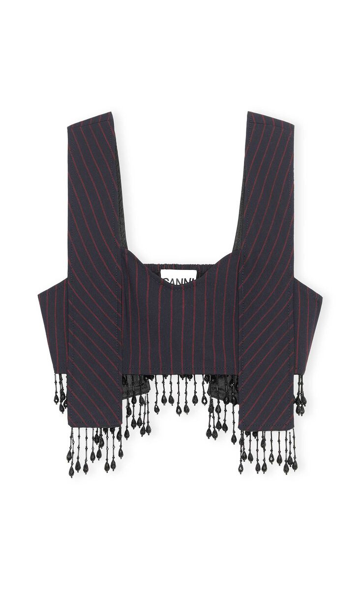 Stretch Stripe Beaded Fringes Panel Strap Top, Elastane, in colour Sky Captain - 1 - GANNI
